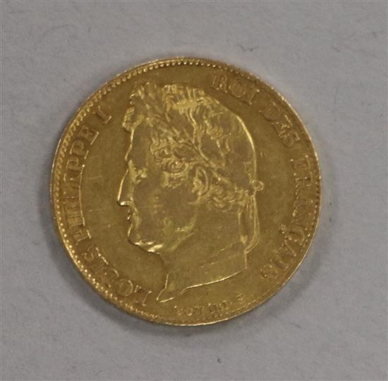 A French 20 Franc gold coin, 1834A, 6.45g, VF